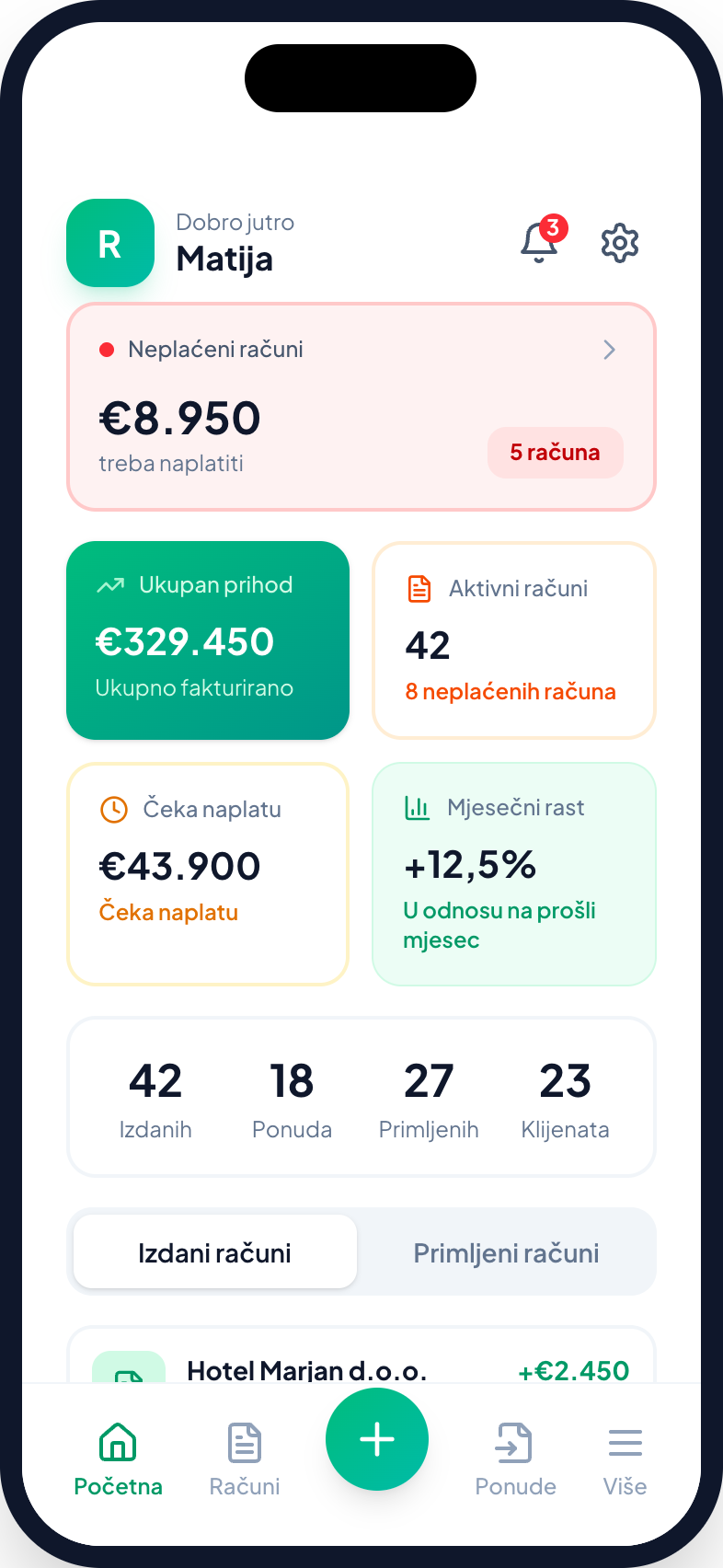 Računko — mobile invoicing dashboard
